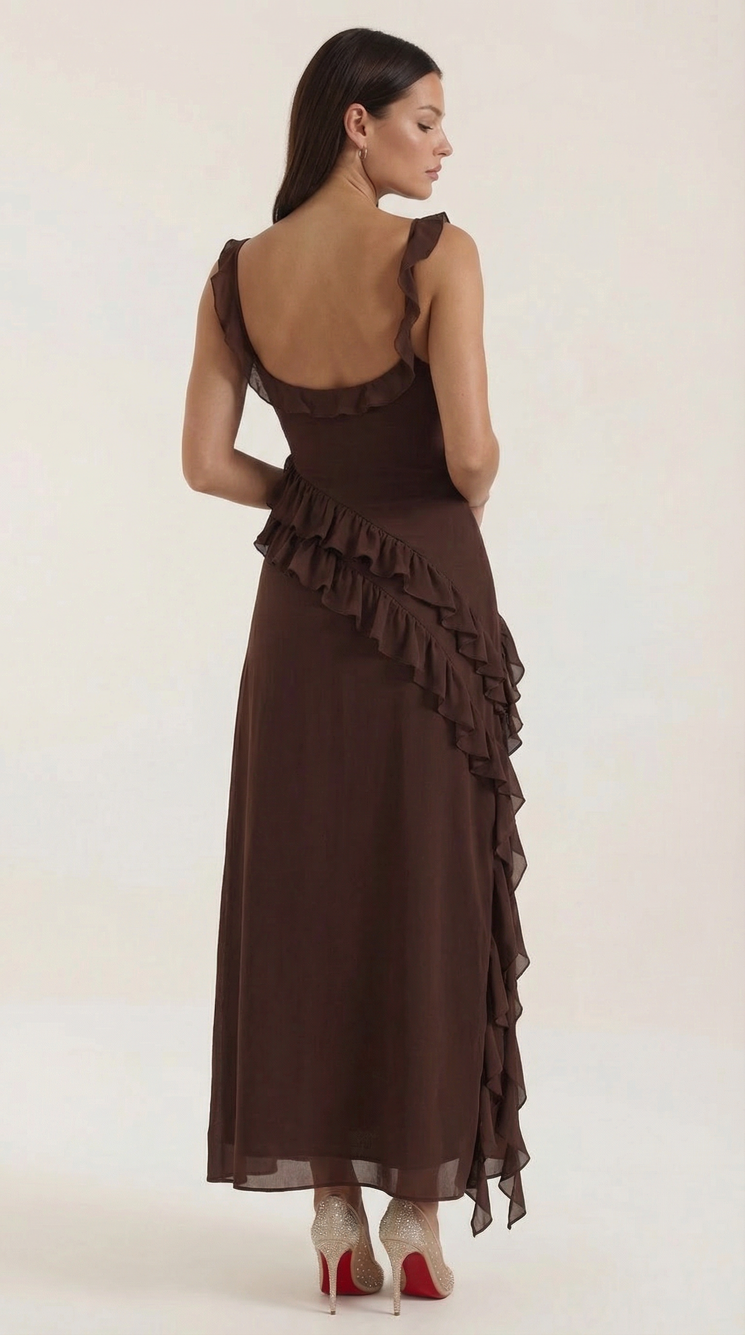 Maxikleid Damen Eckiger Ausschnitt Rueschen Asymmetrischer Schlitz