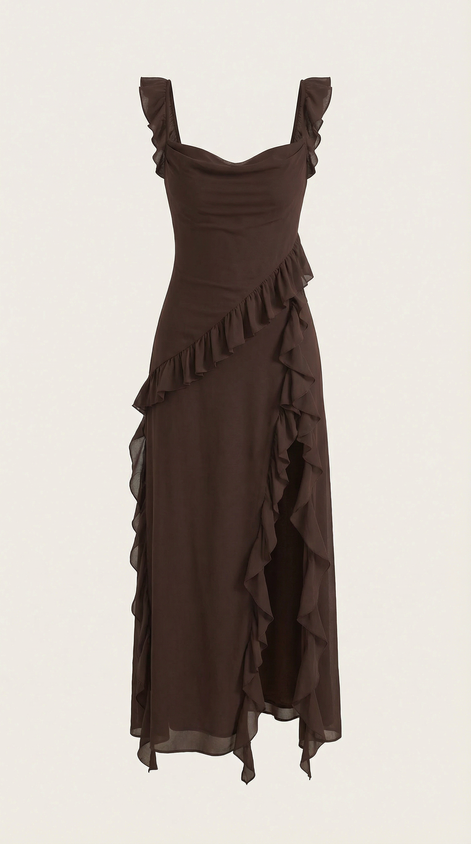 Maxikleid Damen Eckiger Ausschnitt Rueschen Asymmetrischer Schlitz