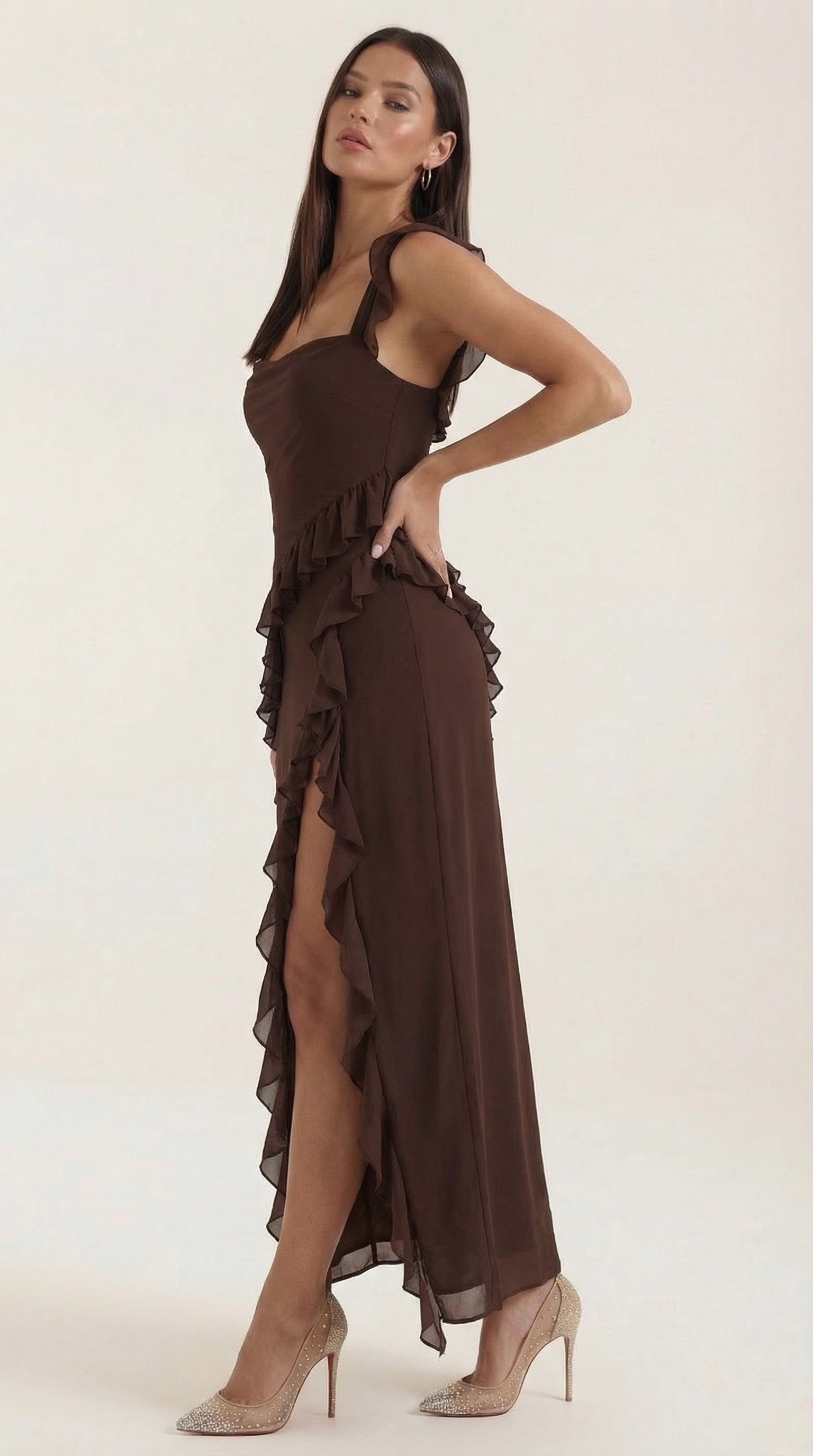 Maxikleid Damen Eckiger Ausschnitt Rueschen Asymmetrischer Schlitz