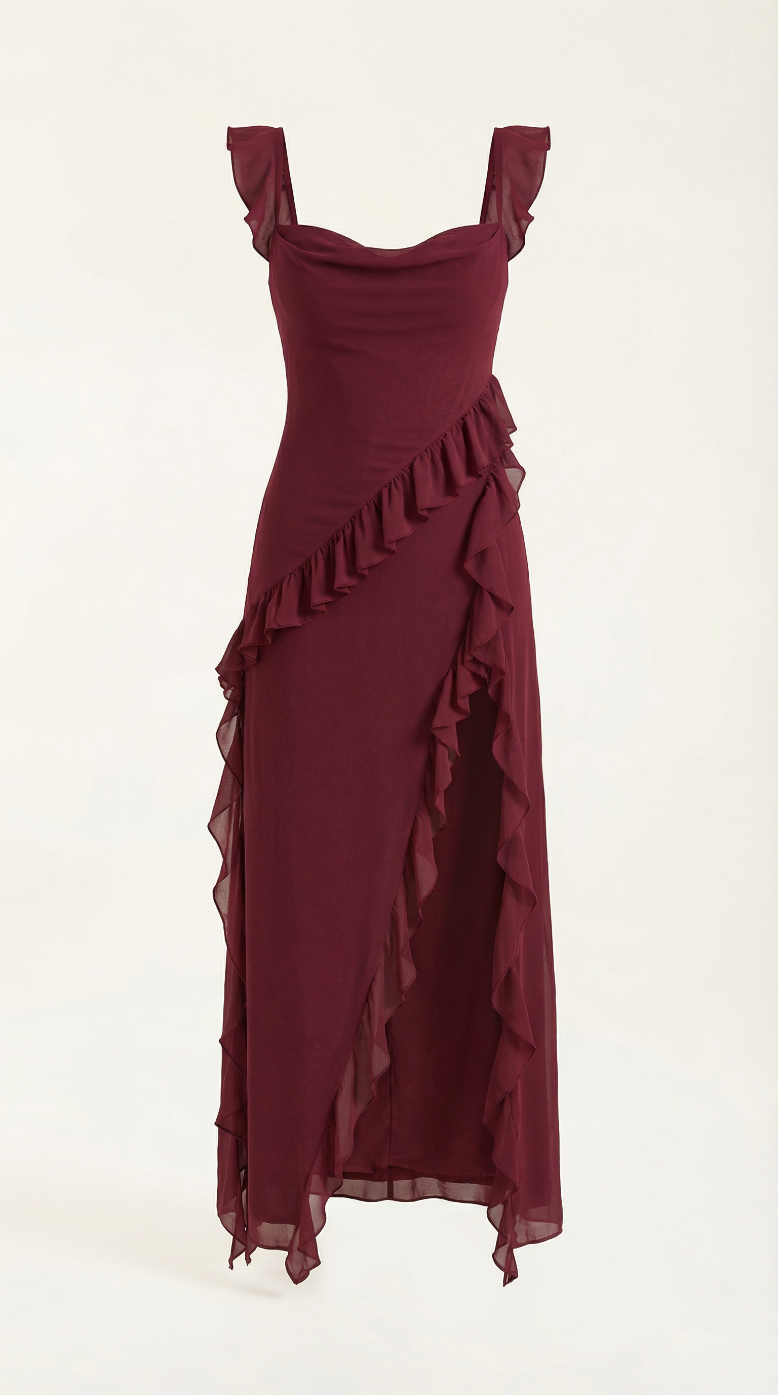 Maxikleid Damen Eckiger Ausschnitt Rueschen Asymmetrischer Schlitz