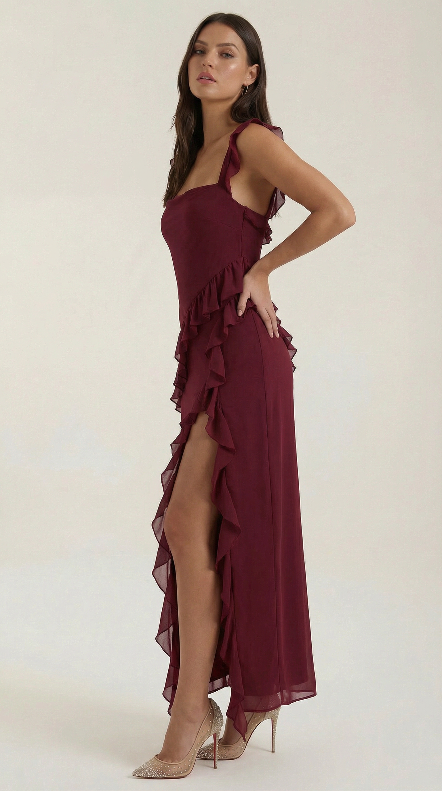 Maxikleid Damen Eckiger Ausschnitt Rueschen Asymmetrischer Schlitz