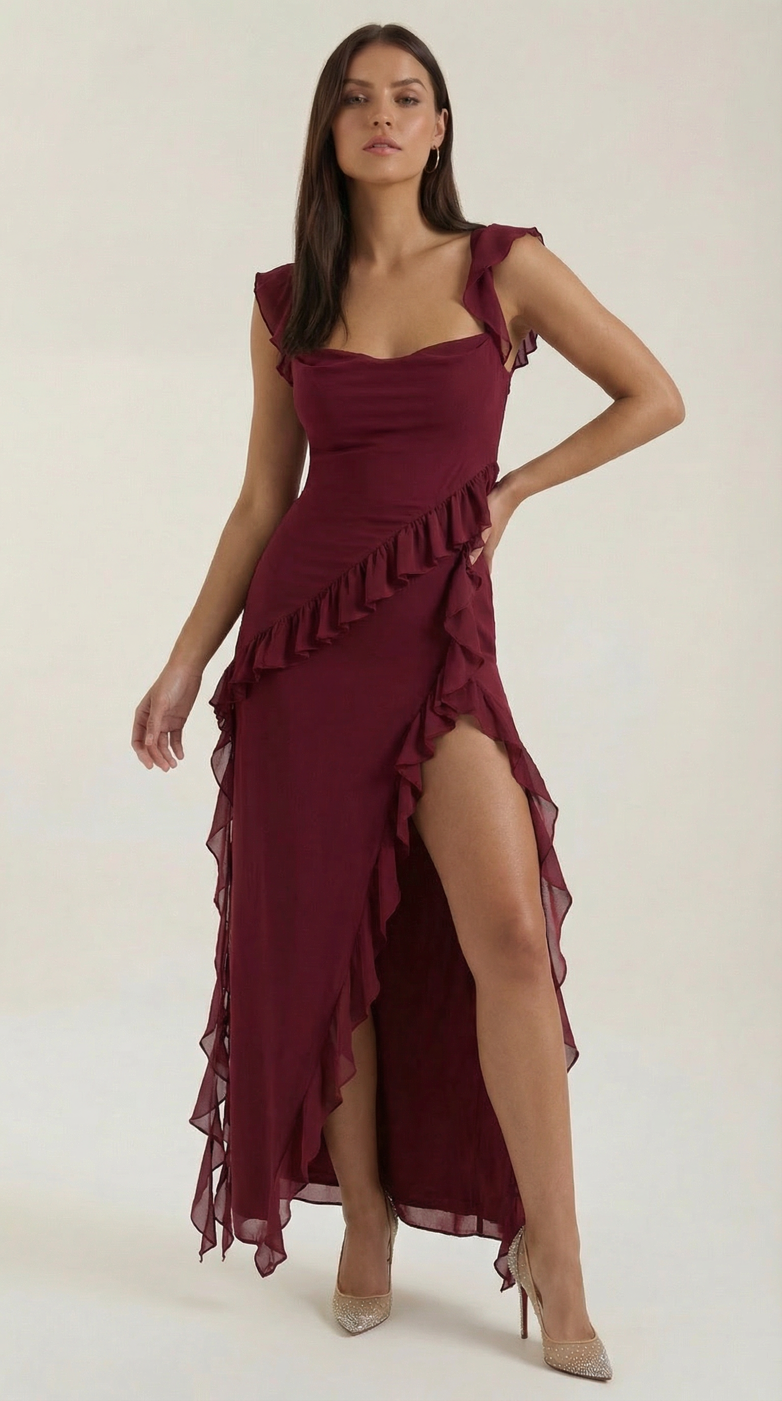 Maxikleid Damen Eckiger Ausschnitt Rueschen Asymmetrischer Schlitz