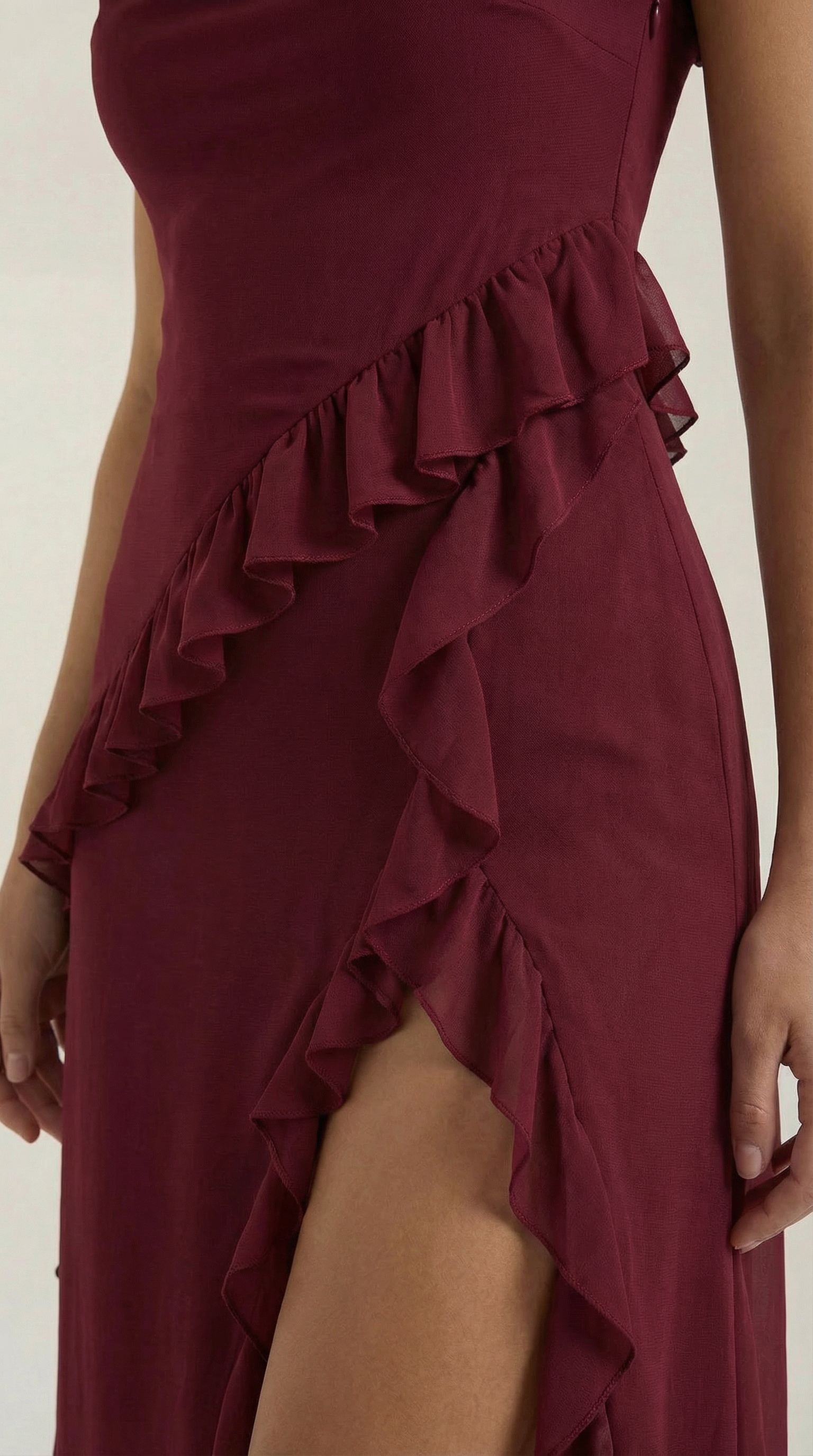 Maxikleid Damen Eckiger Ausschnitt Rueschen Asymmetrischer Schlitz