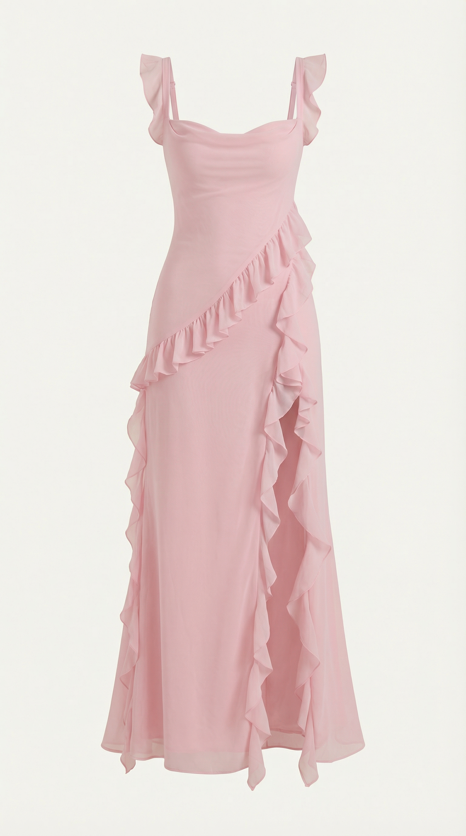 Maxikleid Damen Eckiger Ausschnitt Rueschen Asymmetrischer Schlitz
