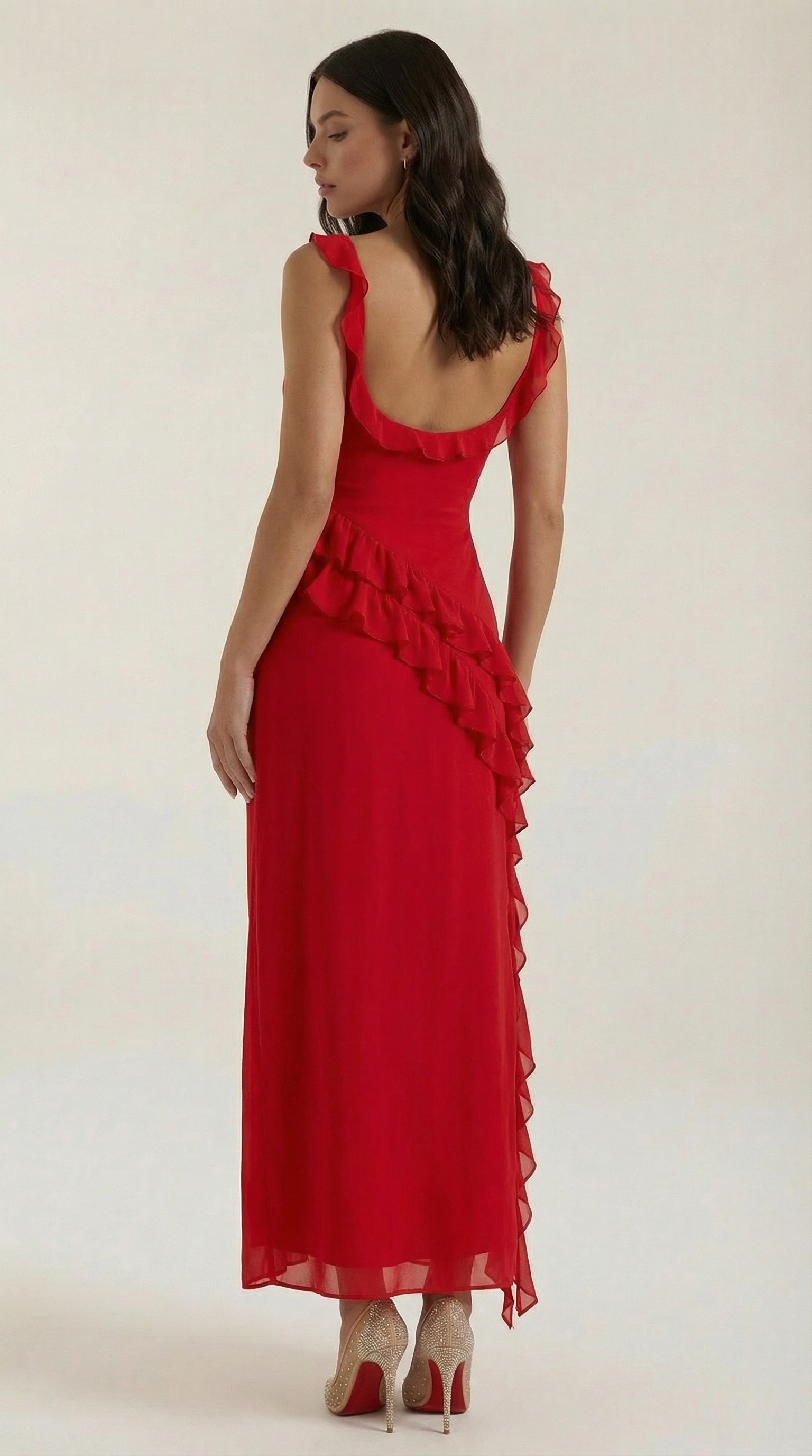 Maxikleid Damen Eckiger Ausschnitt Rueschen Asymmetrischer Schlitz