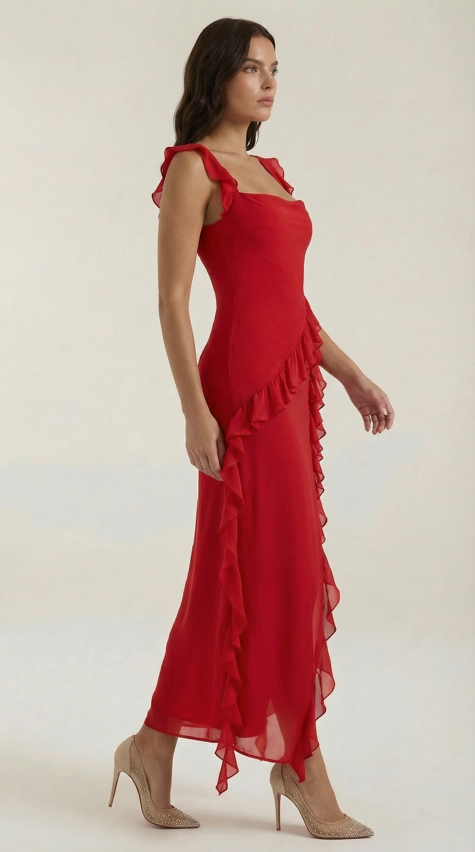Maxikleid Damen Eckiger Ausschnitt Rueschen Asymmetrischer Schlitz