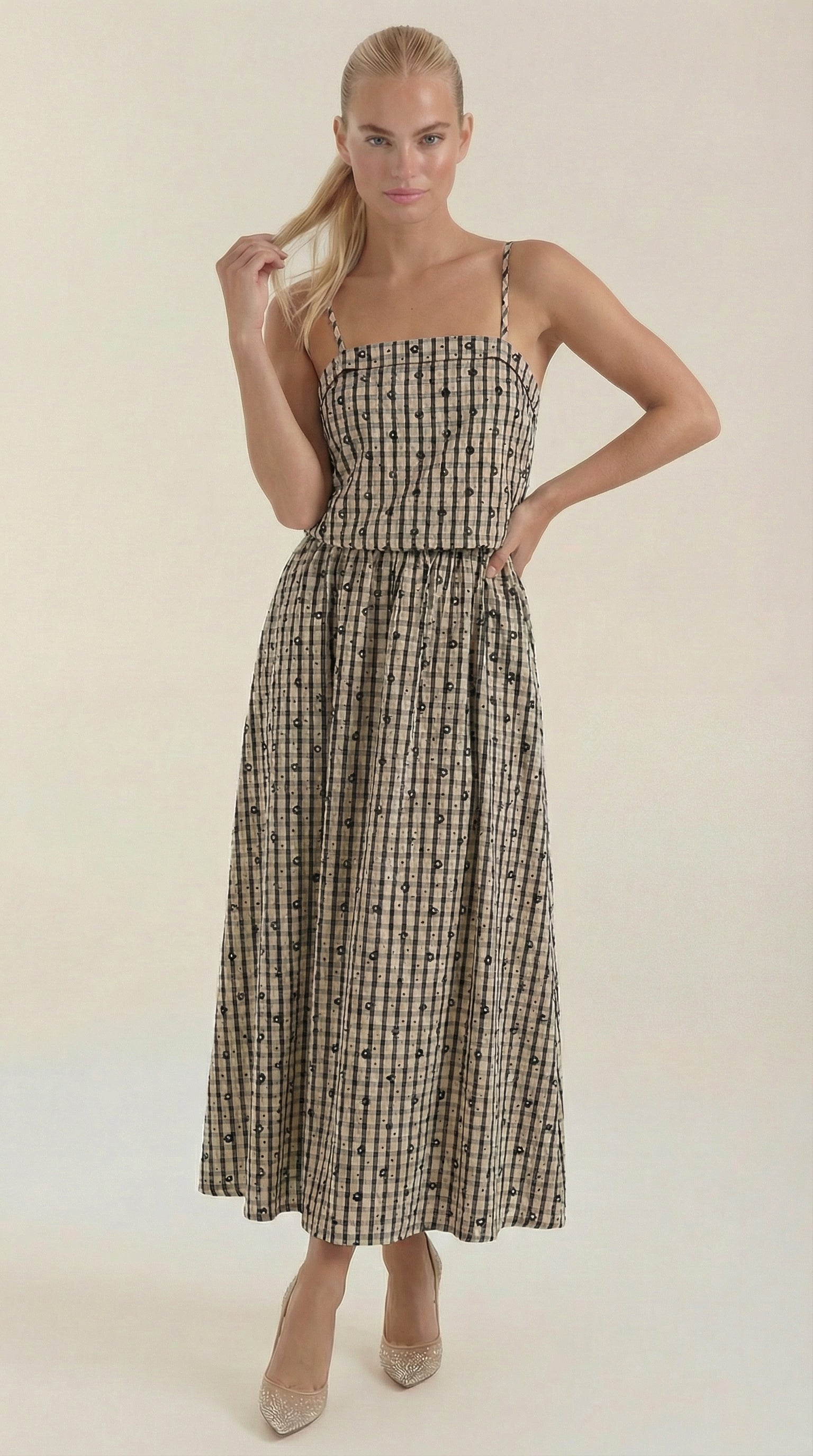 Sommerkleid Damen Midi Aermellos Karomuster Eckiger Ausschnitt