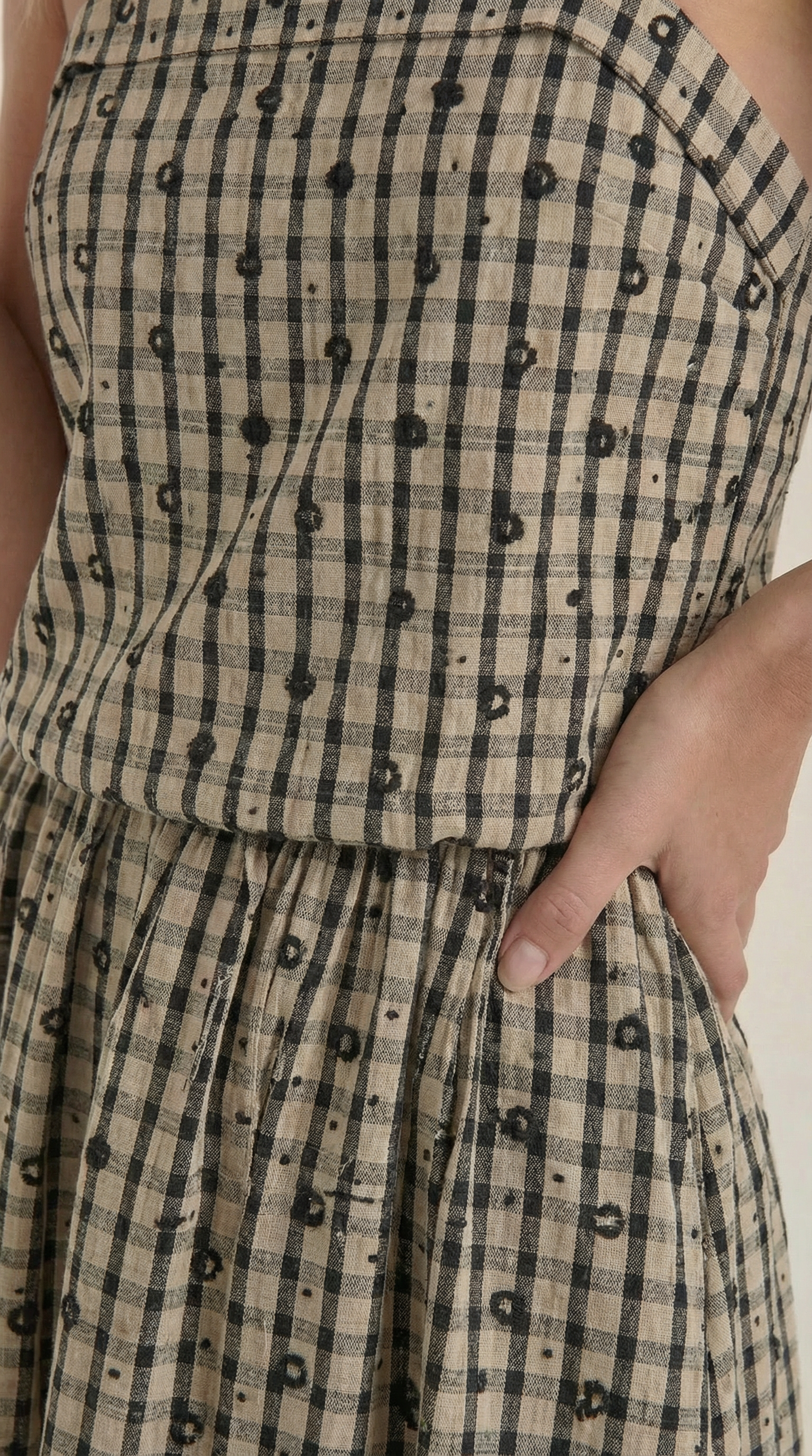 Sommerkleid Damen Midi Aermellos Karomuster Eckiger Ausschnitt