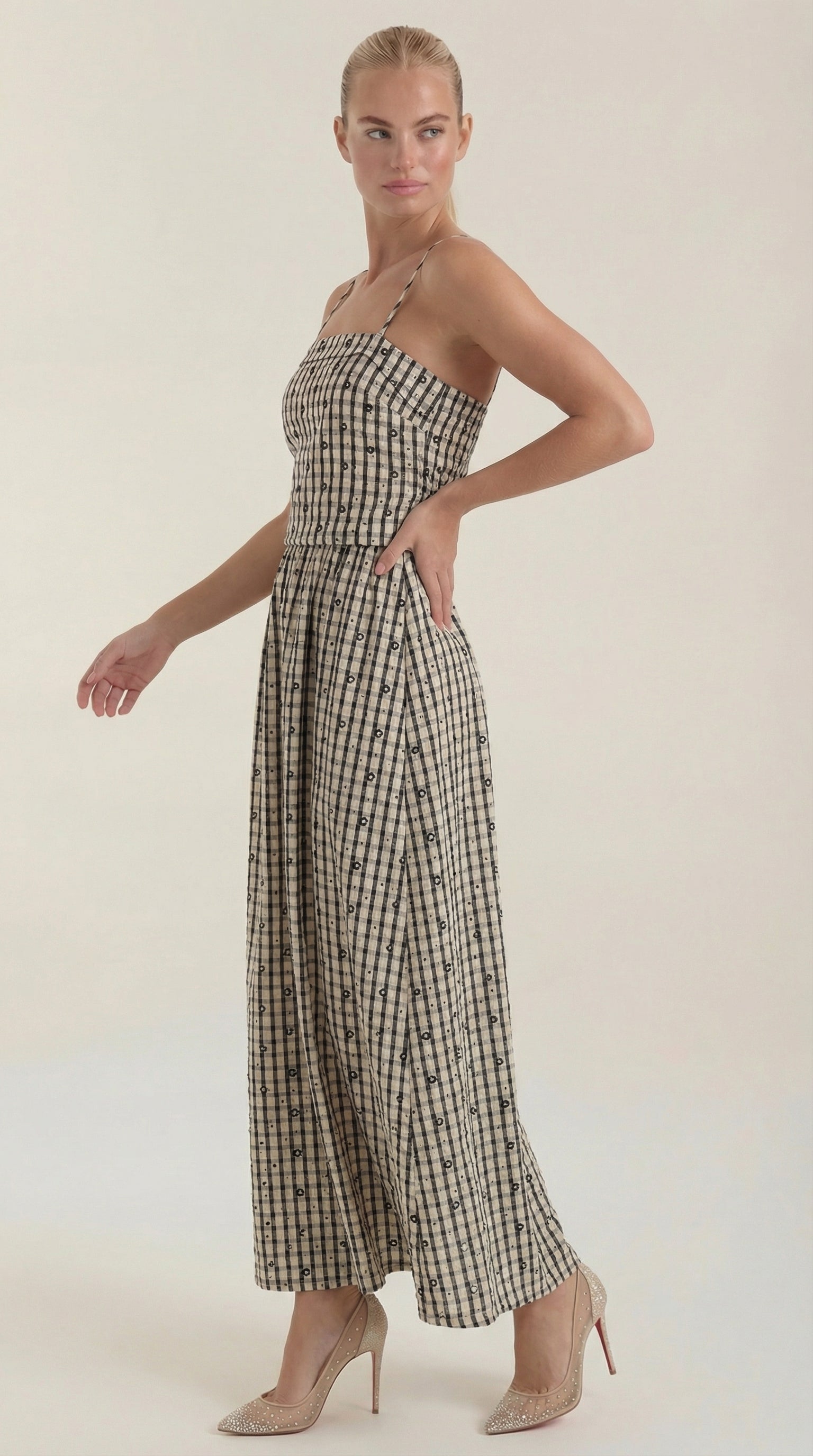 Sommerkleid Damen Midi Aermellos Karomuster Eckiger Ausschnitt