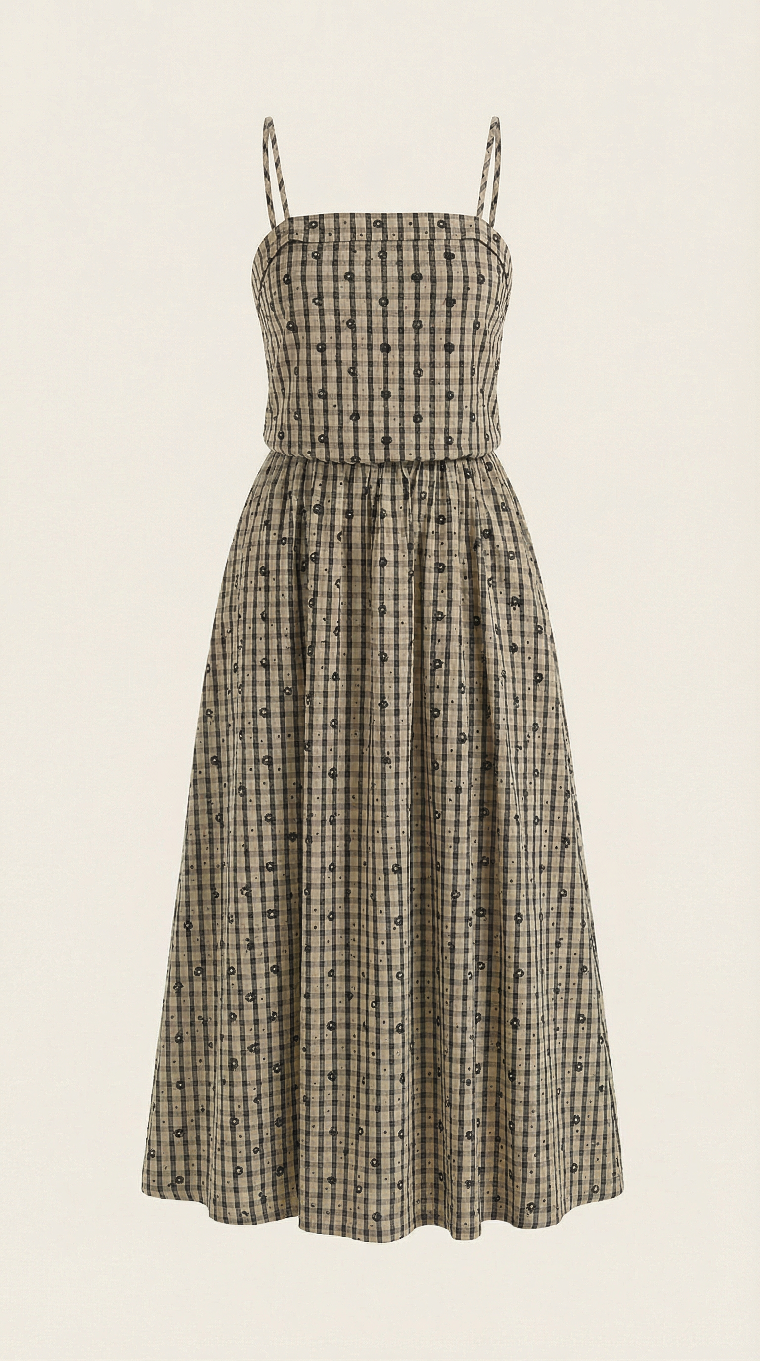 Sommerkleid Damen Midi Aermellos Karomuster Eckiger Ausschnitt