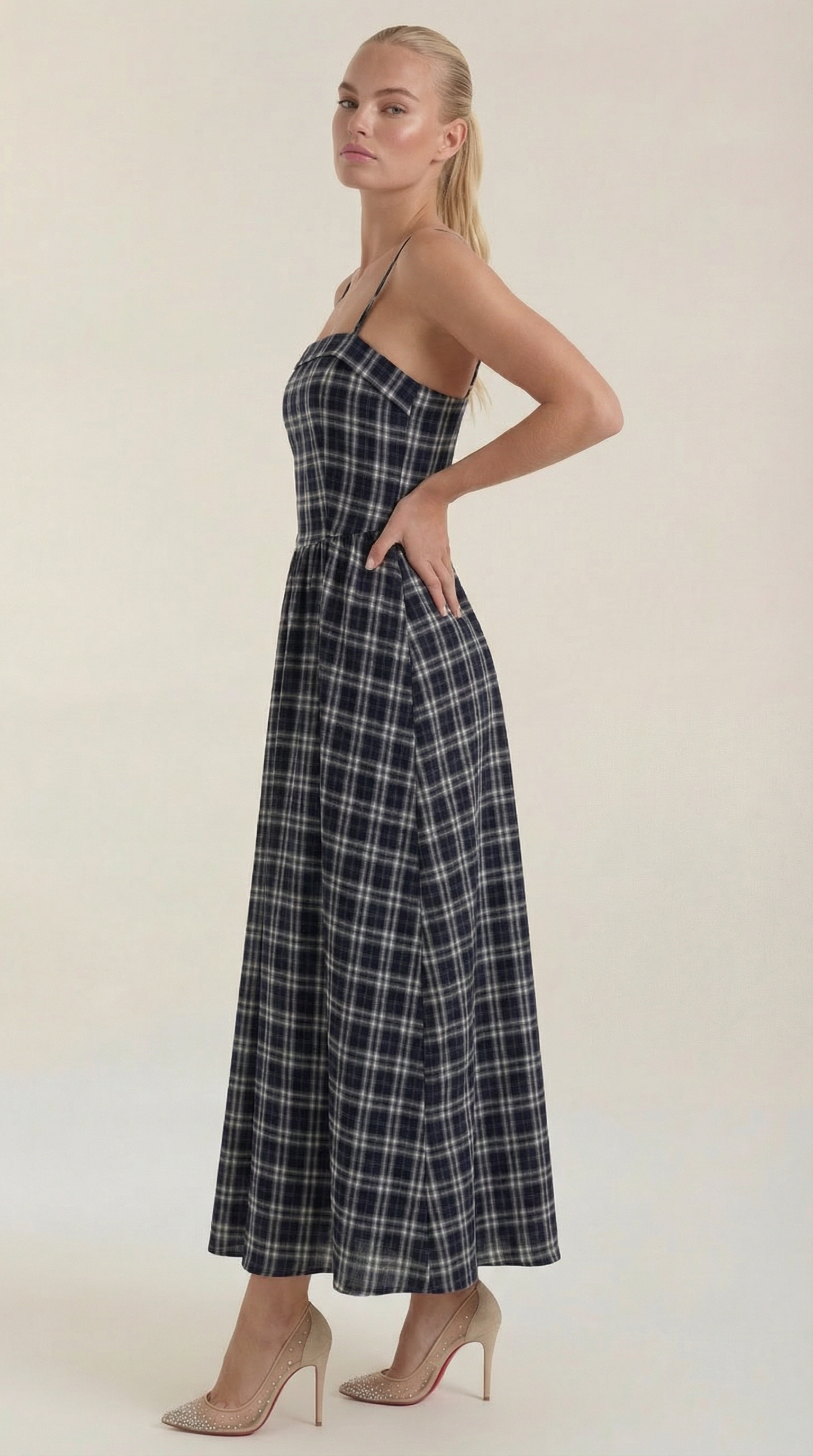Sommerkleid Damen Midi Aermellos Karomuster Eckiger Ausschnitt
