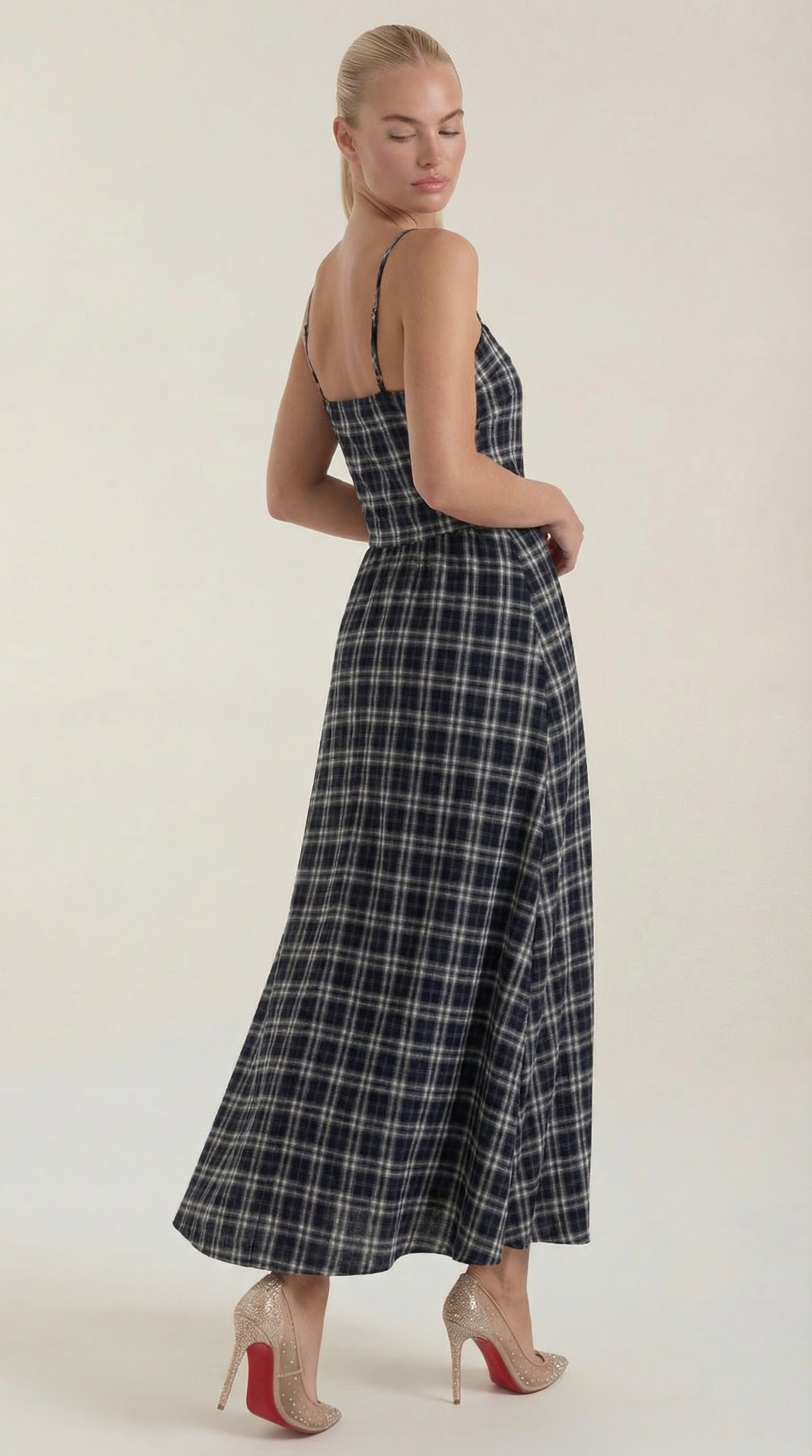Sommerkleid Damen Midi Aermellos Karomuster Eckiger Ausschnitt