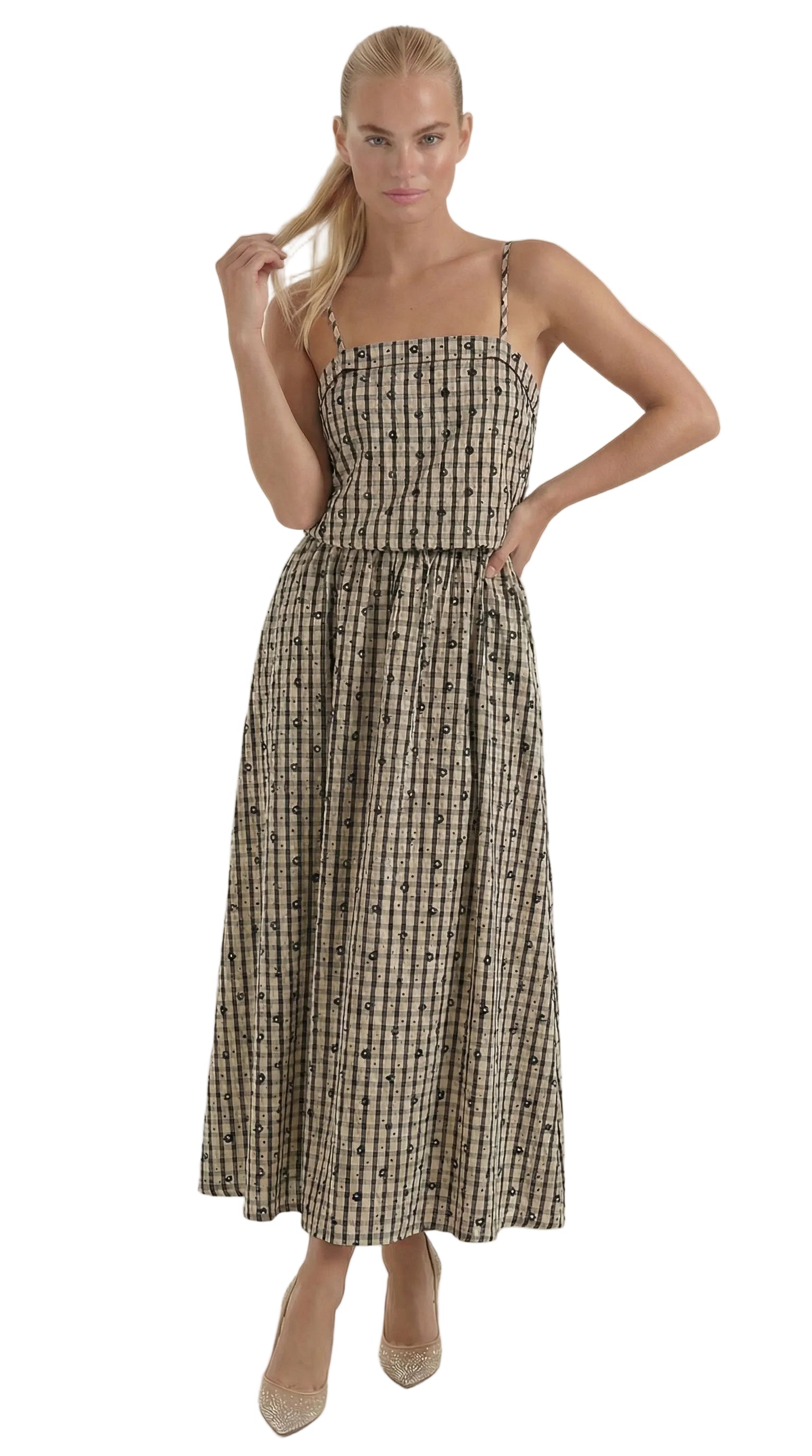 Sommerkleid Damen Midi Aermellos Karomuster Eckiger Ausschnitt